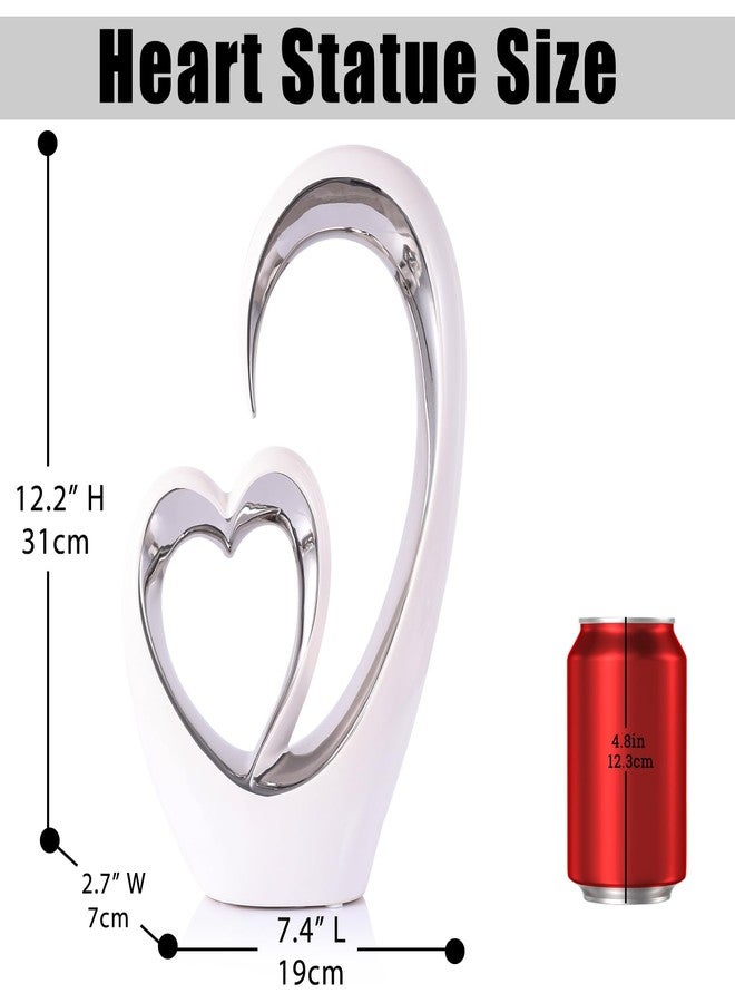 oliruim OliRium Silver White Heart Sculpture - Ceramic Silver Double Heart Couple Decor Art Statue for Wedding, Valentine's Day Decor, Living Room Coffee Table Centerpiece (Tall) - Image 4